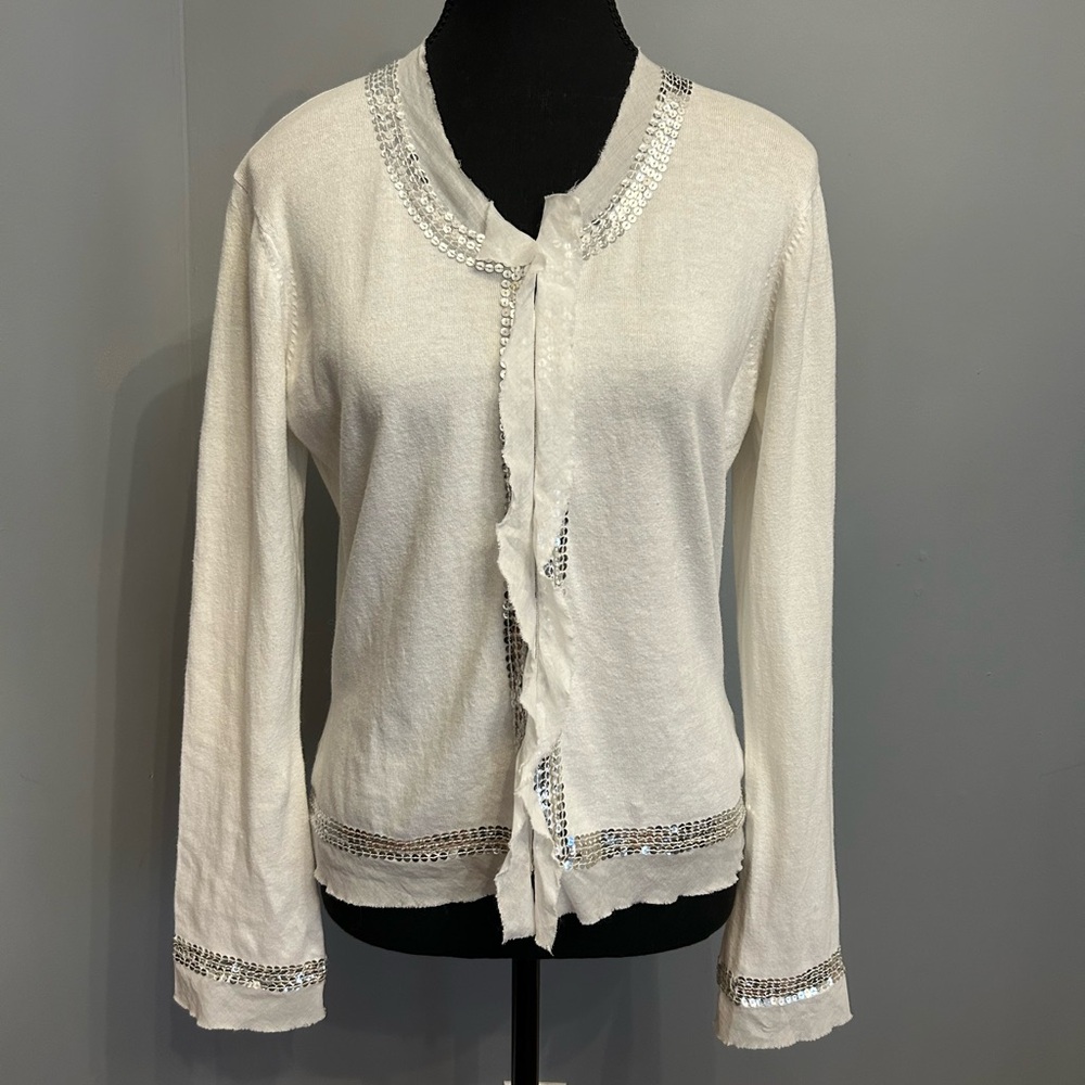 Nougat London Lightweight Cotton White Cardigan Silver Sequin Accents, size 4